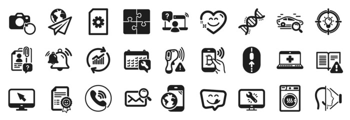 Set of Technology icons, such as Paper plane, Dryer machine, Bell icons. Electronic thermometer, Bitcoin pay, Idea signs. Swipe up, Medical help, Call center. Internet, Smile, Smile chat. Vector