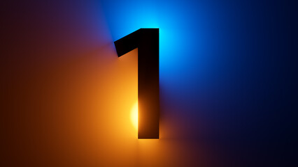 3d render, number one silhouette, digital math symbol, illuminated with yellow blue gradient neon light