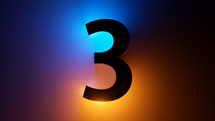 3d render, number three silhouette, digital math symbol, illuminated with yellow blue gradient neon light