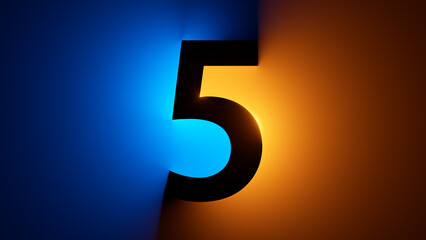 3d render, number five silhouette, digital math symbol, illuminated with yellow blue gradient neon light - obrazy, fototapety, plakaty