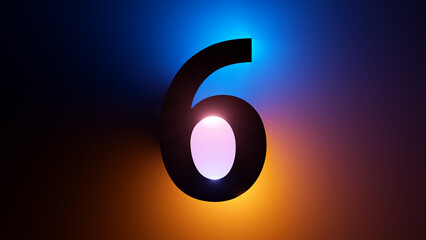 3d render, number six silhouette, digital math symbol, illuminated with yellow blue gradient neon light