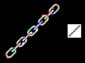 Shiny crossing mesh chain with colorful glowing spots. Illuminated vector carcass created from chain pictogram. Sparkle carcass mesh chain, on a black backgound.