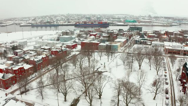 Winter Aerial View Over Queen Square In Uptown Saint John, New Brunswick On A Snowy Day.