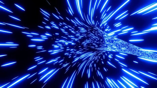 Warp speed. Neon glowing rays in motion into digital technologic tunnel. Travel through space and time. Seamless 4K loop video animation