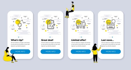 Vector Set of Science icons related to Vaccine report, Chemical formula and Partnership icons. UI phone app screens with people. Recovery ssd line symbols. Vector