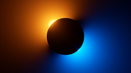 3d render, black round shape silhouette illuminated with yellow blue neon light. Eclipse metaphor, abstract shine concept