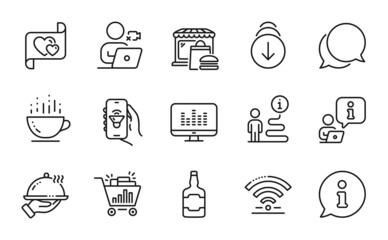 Business icons set. Included icon as Restaurant food, Coffee cup, Scroll down signs. Love letter, Music app, Wifi symbols. Food market, Video conference, Chat message. Music making. Vector