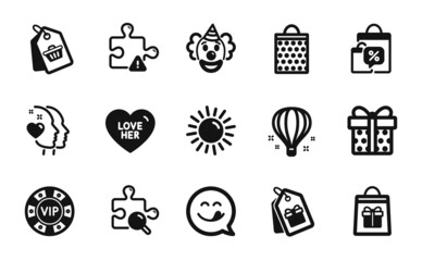 Vector set of Sun, Coupons and Puzzle icons simple set. Vip chip, Yummy smile and Heart icons. Gift box, Air balloon and Shopping bag signs. Sale tag, Clown and Holidays shopping. Vector