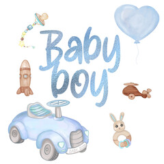 Hand drawn baby boy watercolor quote and baby boy toys illustration. Design for baby boy shower decorations, greeting cards, backgrounds. Cute baby boy toys.