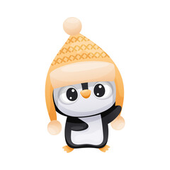 Cute penguin in kintted hat with earflaps. Adorable funny baby bird cartoon character. New year and Christmas design vector illustration