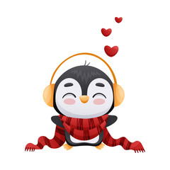 Cute enamored penguin wearing earmuffs and scarf. Adorable funny baby bird cartoon character. New year and Christmas design vector illustration