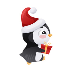 Cute penguin in Santa hat carrying gift box. Adorable funny baby bird cartoon character. New year and Christmas design vector illustration