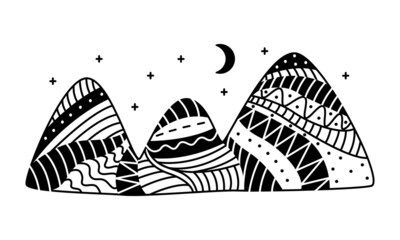 Vector doodle mountains with stars and crescend. Hand drawn hills with ornament. Abstract nature landscape. Outline hillside illustration