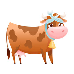 Sick cow farm animal. Sad calf with bandage on its head suffering from toothache cartoon vector illustration