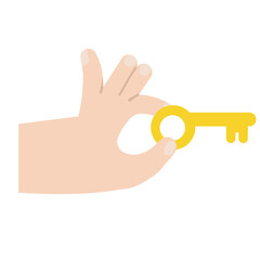 Hand with key. Palm holding or giving a yellow object. Modern trendy flat cartoon illustration isolated on white