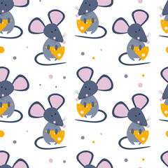 Seamless pattern with cute mouse and cheese in cartoon style