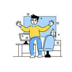 Businessman in office. Outline employee at workplace. Modern trendy cartoon. Happy man in office with computer and desk.
