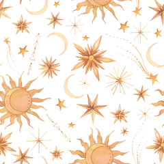 Celestial wallpaper with stars, sun and moon. Hand painted repeating design on white background. Watercolor illustration