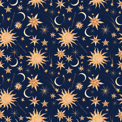 Stars on dark background. Celestial wallpaper with stars, sun and moon. Hand painted repeating design. Watercolor illustration
