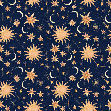 Stars on dark background. Celestial wallpaper with stars, sun and moon. Hand painted repeating design. Watercolor illustration