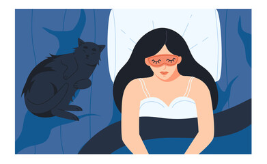 Woman sleeping in satin mask flat illustration. Accessory for good rest, insomnia banner design. Female character with nightwear background.