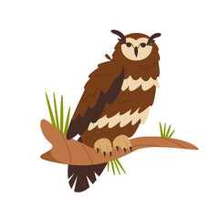 Eurasian eagle owl sitting at tree branch. Long eared owl design element. Isolated flat vector illustration.