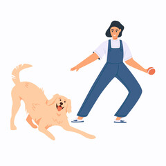 Cute boy playing with funny labrador retriever dog. Active lifestyle. Domestic animal friend. Adorable friendly pure breed doggy. Isolated flat vector illustration. Design element.