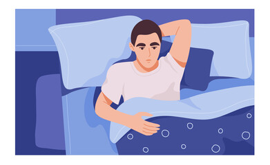 Obraz premium Tired man suffering from insomnia flat illustration. Difficult with sleep, depression, and anxiety disorders banner design. Sleeplessness, sleep apnea, nightmares background.