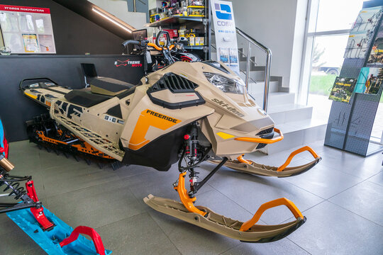 Rostov-on-Don, Russia - May 6, 2021: Close up of new BRP Ski-Doo Freeride snowmobile with BRP and Ski-Doo logos set out in showroom for sale.
