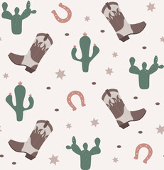 Western elements seamless pattern with cowboy boots, cactuses, horseshoes and sheriff badges.