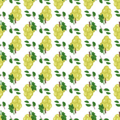 Seamless pattern with white grapes on branches with berries and leaves. Sweet healthy food print, wholesome delicious dessert background. Vector flat illustration