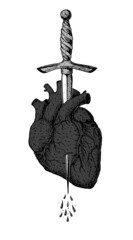 The human heart is pierced with a dagger. Hand drawn vector illustration. Tattoo print.