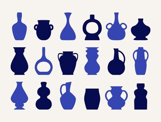 Ancient pottery set. Antique blue ceramic vases amphora jar silhouette shapes, hand drawn isolated icons. Modern vector illustration