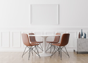 Empty picture frame on white wall in modern dining room. Mock up interior in classic style. Free space, copy space for your picture, text, or another design. Table, chairs, parquet floor. 3D rendering
