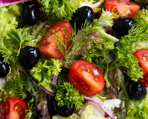 lettuce leaves, tomato, olives close-up