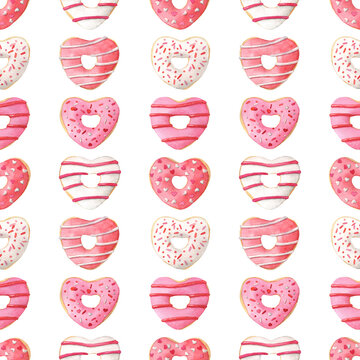 Watercolor heart shaped donuts seamless pattern