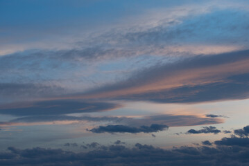 landscape evening blue sky and white clouds beautiful clouds, evening sunset sky, clouds, setting sun, clouds at sunset, blue-blue sky and pink rays of the setting sun