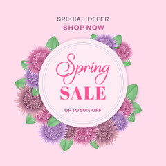 Pink spring sale background with beautiful floral. Frame, flower, foliage for banner, flyer, promotion poster, invitation, advertising template. Special offer concept. Vector illustration
