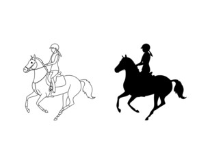 Line drawing and silhouette of a girl rider and a sports pony