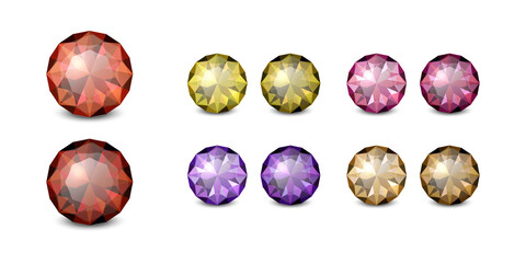 Vector 3d Realistic Gemstone, Crystal, Rhinestones Icon Set Closeup Isolated. Jewerly Concept. Design Template, Clipart. Colored Gems, Crystals, Rhinestones, Gemstones, Top, Side View