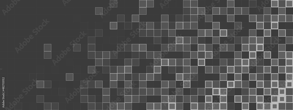 Poster Grey wide background with dissolving mosaic. Pixelated pattern