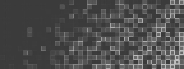 Grey wide background with dissolving mosaic. Pixelated pattern