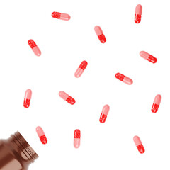 Assembly of capsule pills. 3d render. Multicolored capsule pills. Medication to relieve symptoms. Illustration of antibiotics for diseases in a cartoon style.