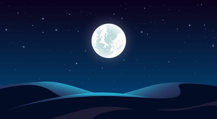 Naklejka na ściany i meble Night Desert Landscape Illustration, Starry Sky, Full Moon, Dune, Hills
