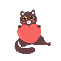 Cute cat character with heart. Valentines Day greeting card. Love, romantic, wedding, Valentines day concept. Vector illustration
