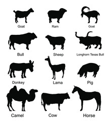 Ranch farm animals collection vector silhouette illustration isolated on background. Bull, cow, donkey, sheep, horse, pig, goat, ram, camel, lama Domestic cattle shape symbol. Cloven hoof animals.