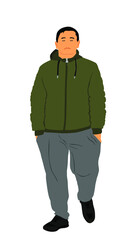 Man in sport wear walking the street vector illustration. Boy with hands in pockets in sweat suit and sneakers. Outdoor relax time after work. Casual sportsman look after training.