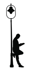 Standing man reading newspapers vector silhouette illustration isolated on white. Street light lamp lantern. Spy agent observe situation on public place. Husband tourist waiting wife after shopping.