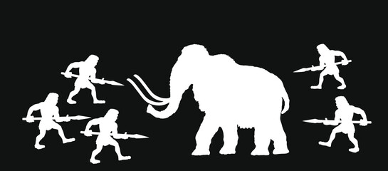 Caveman hunters hunting mammoth with spear vector silhouette illustration isolated on black background. Stone age savage man hunt wild animal. Neanderthal strong tribe. Prehistoric human evolution. - obrazy, fototapety, plakaty