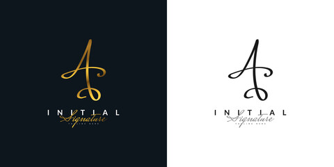 Luxury and Elegant Letter A Logo Design in Gold Handwriting Style. Letter A Signature Logo or Symbol for Wedding, Fashion, Jewelry, Boutique, Botanical, Floral and Business Identity